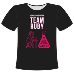 Black short sleeve t-shirt with the text Pioneer Innovation Team Ruby in white and hot pink with a microscope and erlenmeyer flask illustrations