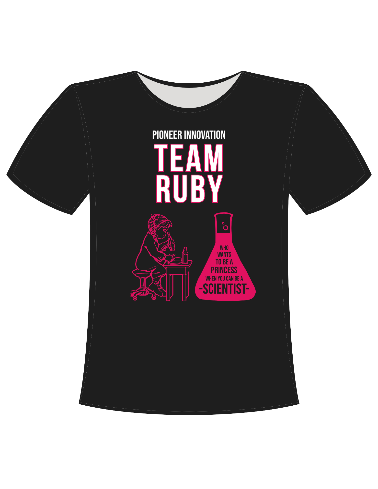 Black short sleeve t-shirt with the text Pioneer Innovation Team Ruby in white and hot pink with a microscope and erlenmeyer flask illustrations