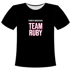 Black short sleeve t-shirt with the text Pioneer Innovation Team Ruby in white and hot pink