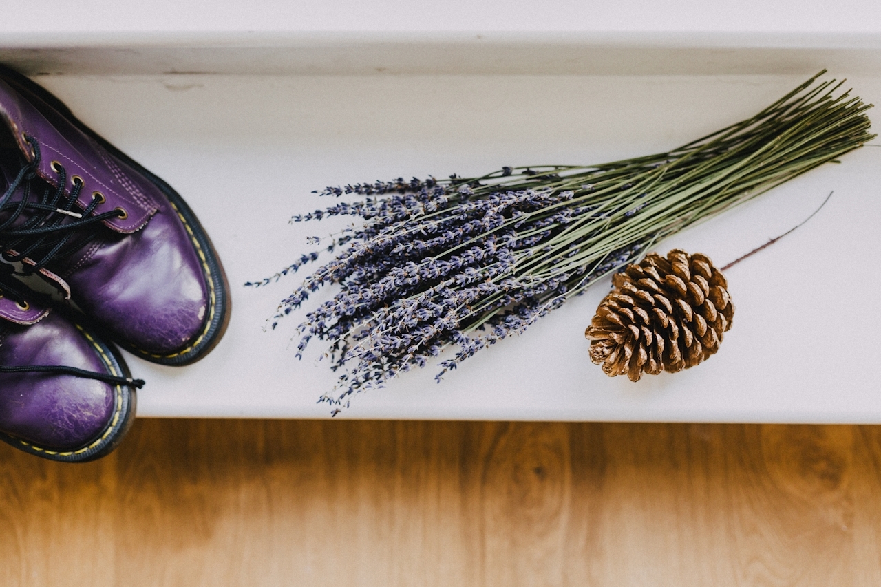 purple boots, pinecone, lavender