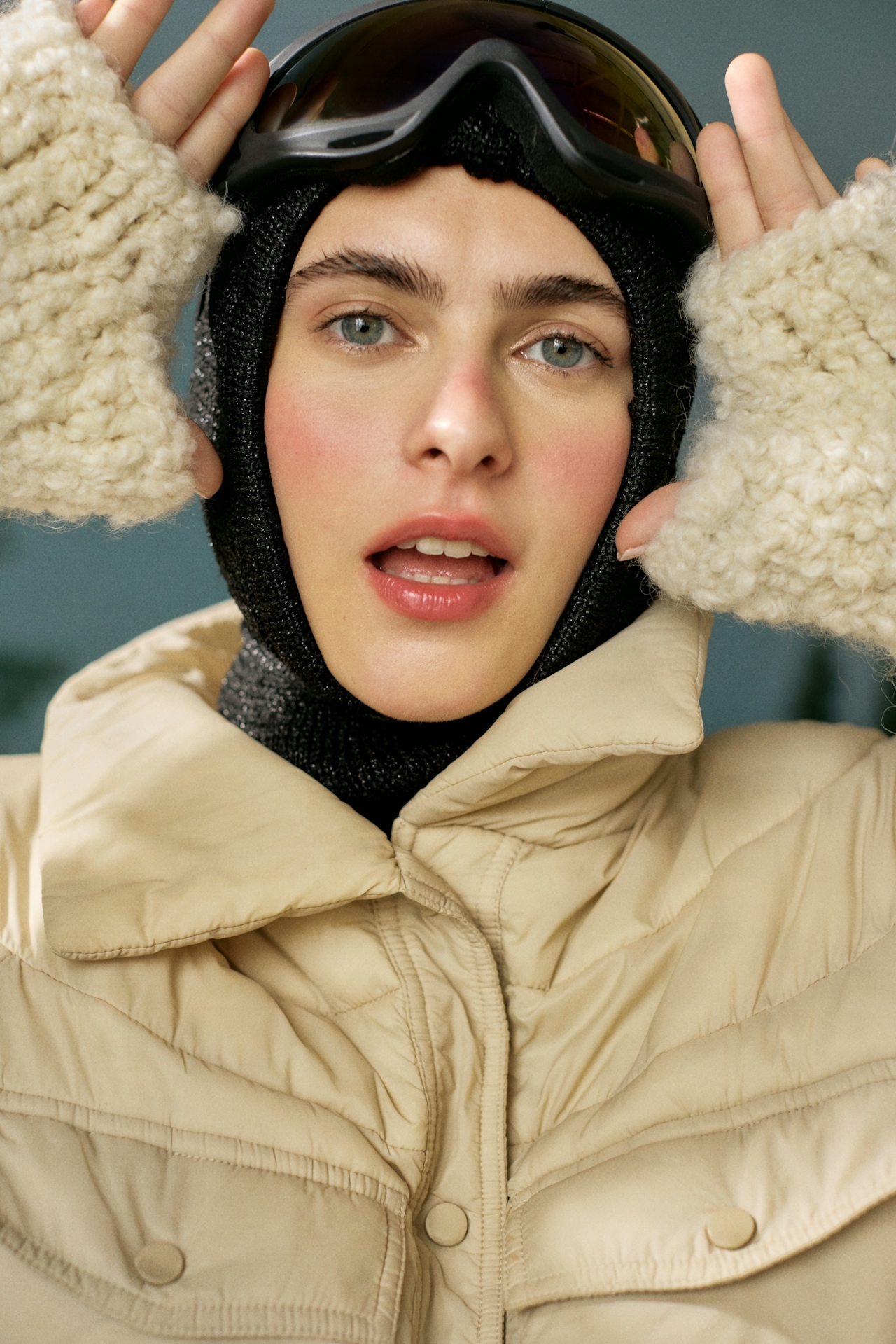 female model in winter tan coat